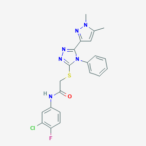 molecular formula C21H18ClFN6OS B456086 N-(3-chloro-4-fluorophenyl)-2-{[5-(1,5-dimethyl-1H-pyrazol-3-yl)-4-phenyl-4H-1,2,4-triazol-3-yl]sulfanyl}acetamide 