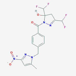molecular formula C17H15F4N5O4 B456106 [3,5-bis(difluoromethyl)-5-hydroxy-4,5-dihydro-1H-pyrazol-1-yl]{4-[(5-methyl-3-nitro-1H-pyrazol-1-yl)methyl]phenyl}methanone 