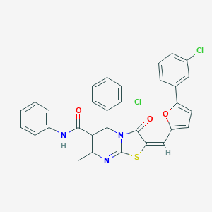 molecular formula C31H21Cl2N3O3S B456110 (2E)-5-(2-chlorophenyl)-2-{[5-(3-chlorophenyl)furan-2-yl]methylidene}-7-methyl-3-oxo-N-phenyl-2,3-dihydro-5H-[1,3]thiazolo[3,2-a]pyrimidine-6-carboxamide 