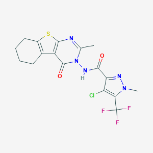 molecular formula C17H15ClF3N5O2S B456112 4-chloro-1-methyl-N-(2-methyl-4-oxo-5,6,7,8-tetrahydro[1]benzothieno[2,3-d]pyrimidin-3(4H)-yl)-5-(trifluoromethyl)-1H-pyrazole-3-carboxamide 