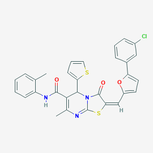 molecular formula C30H22ClN3O3S2 B456113 (2E)-2-{[5-(3-chlorophenyl)furan-2-yl]methylidene}-7-methyl-N-(2-methylphenyl)-3-oxo-5-(thiophen-2-yl)-2,3-dihydro-5H-[1,3]thiazolo[3,2-a]pyrimidine-6-carboxamide 