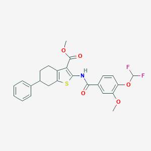 molecular formula C25H23F2NO5S B456151 Methyl 2-({[4-(difluoromethoxy)-3-methoxyphenyl]carbonyl}amino)-6-phenyl-4,5,6,7-tetrahydro-1-benzothiophene-3-carboxylate 