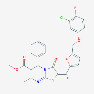 molecular formula C27H20ClFN2O5S B456155 methyl (2E)-2-({5-[(3-chloro-4-fluorophenoxy)methyl]furan-2-yl}methylidene)-7-methyl-3-oxo-5-phenyl-2,3-dihydro-5H-[1,3]thiazolo[3,2-a]pyrimidine-6-carboxylate 