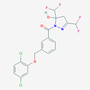 molecular formula C19H14Cl2F4N2O3 B456158 1-{3-[(2,5-dichlorophenoxy)methyl]benzoyl}-3,5-bis(difluoromethyl)-4,5-dihydro-1H-pyrazol-5-ol 