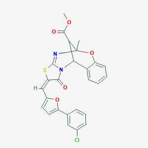 methyl (13E)-13-[[5-(3-chlorophenyl)furan-2-yl]methylidene]-9-methyl-14-oxo-8-oxa-12-thia-10,15-diazatetracyclo[7.6.1.02,7.011,15]hexadeca-2,4,6,10-tetraene-16-carboxylate