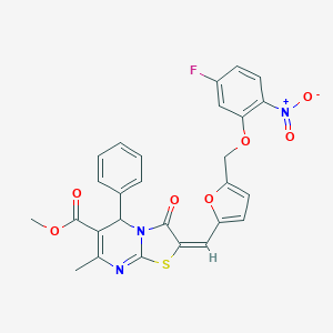 molecular formula C27H20FN3O7S B456184 methyl 2-{[5-({5-fluoro-2-nitrophenoxy}methyl)-2-furyl]methylene}-7-methyl-3-oxo-5-phenyl-2,3-dihydro-5H-[1,3]thiazolo[3,2-a]pyrimidine-6-carboxylate 