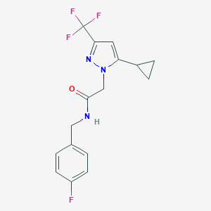 molecular formula C16H15F4N3O B456195 2-[5-cyclopropyl-3-(trifluoromethyl)-1H-pyrazol-1-yl]-N-(4-fluorobenzyl)acetamide 