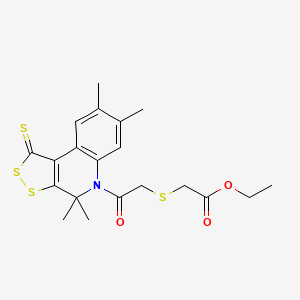 ETHYL 2-[(2-OXO-2-{4,4,7,8-TETRAMETHYL-1-SULFANYLIDENE-1H,4H,5H-[1,2]DITHIOLO[3,4-C]QUINOLIN-5-YL}ETHYL)SULFANYL]ACETATE