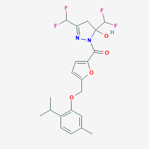 molecular formula C21H22F4N2O4 B456203 3,5-bis(difluoromethyl)-1-{5-[(2-isopropyl-5-methylphenoxy)methyl]-2-furoyl}-4,5-dihydro-1H-pyrazol-5-ol 