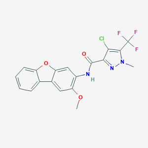 molecular formula C19H13ClF3N3O3 B456206 4-chloro-N-(2-methoxydibenzo[b,d]furan-3-yl)-1-methyl-5-(trifluoromethyl)-1H-pyrazole-3-carboxamide 