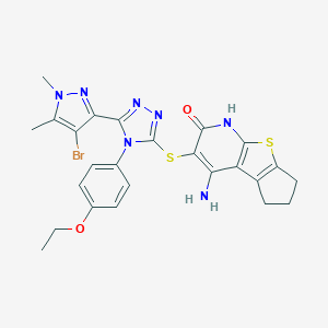 molecular formula C25H24BrN7O2S2 B456208 4-amino-3-{[5-(4-bromo-1,5-dimethyl-1H-pyrazol-3-yl)-4-(4-ethoxyphenyl)-4H-1,2,4-triazol-3-yl]sulfanyl}-6,7-dihydro-5H-cyclopenta[4,5]thieno[2,3-b]pyridin-2-ol 