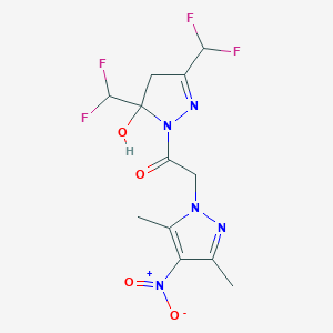 molecular formula C12H13F4N5O4 B456210 3,5-bis(difluoromethyl)-1-({4-nitro-3,5-dimethyl-1H-pyrazol-1-yl}acetyl)-4,5-dihydro-1H-pyrazol-5-ol 
