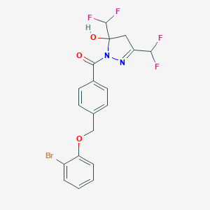 molecular formula C19H15BrF4N2O3 B456212 1-{4-[(2-bromophenoxy)methyl]benzoyl}-3,5-bis(difluoromethyl)-4,5-dihydro-1H-pyrazol-5-ol 