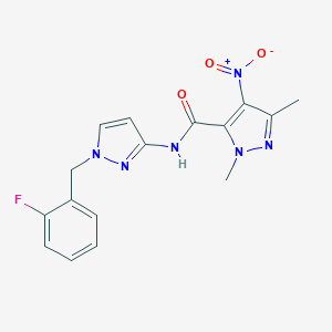 molecular formula C16H15FN6O3 B456220 N-[1-(2-fluorobenzyl)-1H-pyrazol-3-yl]-4-nitro-1,3-dimethyl-1H-pyrazole-5-carboxamide 