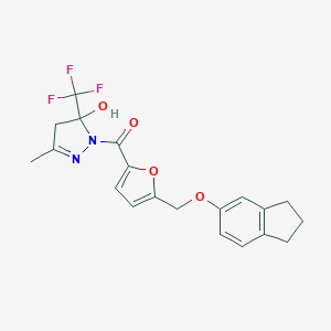 molecular formula C20H19F3N2O4 B456225 {5-[(2,3-dihydro-1H-inden-5-yloxy)methyl]furan-2-yl}[5-hydroxy-3-methyl-5-(trifluoromethyl)-4,5-dihydro-1H-pyrazol-1-yl]methanone 
