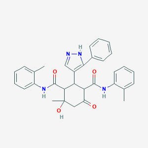 molecular formula C32H32N4O4 B456244 4-hydroxy-4-methyl-N,N'-bis(2-methylphenyl)-6-oxo-2-(3-phenyl-1H-pyrazol-4-yl)cyclohexane-1,3-dicarboxamide 