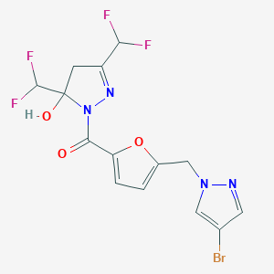 molecular formula C14H11BrF4N4O3 B456247 1-{5-[(4-bromo-1H-pyrazol-1-yl)methyl]-2-furoyl}-3,5-bis(difluoromethyl)-4,5-dihydro-1H-pyrazol-5-ol 