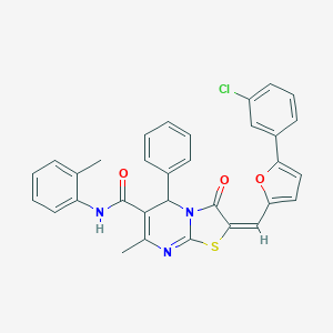 molecular formula C32H24ClN3O3S B456256 (2E)-2-{[5-(3-chlorophenyl)furan-2-yl]methylidene}-7-methyl-N-(2-methylphenyl)-3-oxo-5-phenyl-2,3-dihydro-5H-[1,3]thiazolo[3,2-a]pyrimidine-6-carboxamide 