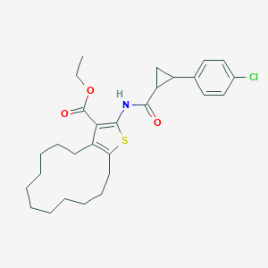 molecular formula C28H36ClNO3S B456262 ethyl 2-({[2-(4-chlorophenyl)cyclopropyl]carbonyl}amino)-5,6,7,8,9,10,11,12,13,14-decahydro-4H-cyclotrideca[b]thiophene-3-carboxylate 