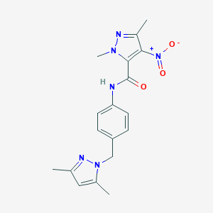 molecular formula C18H20N6O3 B456285 N-{4-[(3,5-dimethyl-1H-pyrazol-1-yl)methyl]phenyl}-4-nitro-1,3-dimethyl-1H-pyrazole-5-carboxamide 