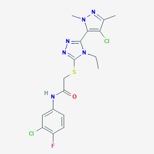 molecular formula C17H17Cl2FN6OS B456289 2-{[5-(4-chloro-1,3-dimethyl-1H-pyrazol-5-yl)-4-ethyl-4H-1,2,4-triazol-3-yl]sulfanyl}-N-(3-chloro-4-fluorophenyl)acetamide 