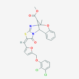 molecular formula C27H20Cl2N2O6S B456295 methyl (13E)-13-[[5-[(2,3-dichlorophenoxy)methyl]furan-2-yl]methylidene]-9-methyl-14-oxo-8-oxa-12-thia-10,15-diazatetracyclo[7.6.1.02,7.011,15]hexadeca-2,4,6,10-tetraene-16-carboxylate 