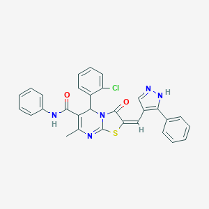 molecular formula C30H22ClN5O2S B456297 5-(2-chlorophenyl)-7-methyl-3-oxo-N-phenyl-2-[(3-phenyl-1H-pyrazol-4-yl)methylene]-2,3-dihydro-5H-[1,3]thiazolo[3,2-a]pyrimidine-6-carboxamide 
