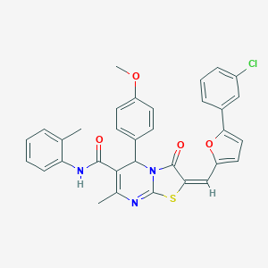 molecular formula C33H26ClN3O4S B456308 (2E)-2-{[5-(3-chlorophenyl)furan-2-yl]methylidene}-5-(4-methoxyphenyl)-7-methyl-N-(2-methylphenyl)-3-oxo-2,3-dihydro-5H-[1,3]thiazolo[3,2-a]pyrimidine-6-carboxamide 