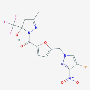 molecular formula C14H11BrF3N5O5 B456311 1-[5-({4-bromo-3-nitro-1H-pyrazol-1-yl}methyl)-2-furoyl]-3-methyl-5-(trifluoromethyl)-4,5-dihydro-1H-pyrazol-5-ol 