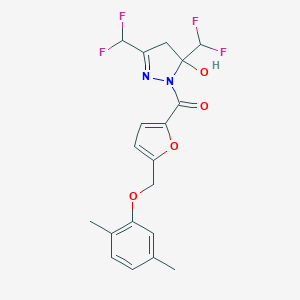molecular formula C19H18F4N2O4 B456315 3,5-bis(difluoromethyl)-1-{5-[(2,5-dimethylphenoxy)methyl]-2-furoyl}-4,5-dihydro-1H-pyrazol-5-ol 