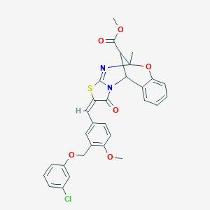 molecular formula C30H25ClN2O6S B456318 methyl (13E)-13-[[3-[(3-chlorophenoxy)methyl]-4-methoxyphenyl]methylidene]-9-methyl-14-oxo-8-oxa-12-thia-10,15-diazatetracyclo[7.6.1.02,7.011,15]hexadeca-2,4,6,10-tetraene-16-carboxylate 