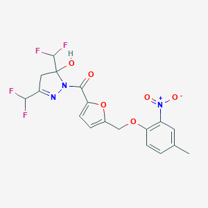 molecular formula C18H15F4N3O6 B456341 [3,5-bis(difluoromethyl)-5-hydroxy-4,5-dihydro-1H-pyrazol-1-yl]{5-[(4-methyl-2-nitrophenoxy)methyl]furan-2-yl}methanone 
