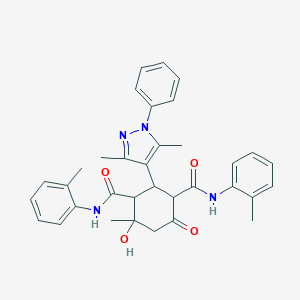 molecular formula C34H36N4O4 B456343 2-(3,5-dimethyl-1-phenyl-1H-pyrazol-4-yl)-4-hydroxy-4-methyl-N~1~,N~3~-bis(2-methylphenyl)-6-oxo-1,3-cyclohexanedicarboxamide 
