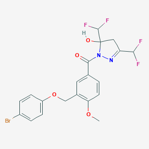 molecular formula C20H17BrF4N2O4 B456349 1-{3-[(4-bromophenoxy)methyl]-4-methoxybenzoyl}-3,5-bis(difluoromethyl)-4,5-dihydro-1H-pyrazol-5-ol 