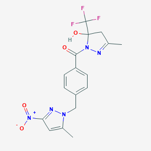 molecular formula C17H16F3N5O4 B456350 [5-hydroxy-3-methyl-5-(trifluoromethyl)-4,5-dihydro-1H-pyrazol-1-yl]{4-[(5-methyl-3-nitro-1H-pyrazol-1-yl)methyl]phenyl}methanone 