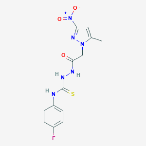 molecular formula C13H13FN6O3S B456356 N-(4-fluorophenyl)-2-({3-nitro-5-methyl-1H-pyrazol-1-yl}acetyl)hydrazinecarbothioamide 