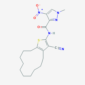 molecular formula C20H25N5O3S B456363 N-(3-cyano-4,5,6,7,8,9,10,11,12,13-decahydrocyclododeca[b]thiophen-2-yl)-1-methyl-4-nitro-1H-pyrazole-3-carboxamide 