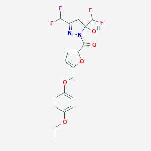 molecular formula C19H18F4N2O5 B456367 3,5-bis(difluoromethyl)-1-{5-[(4-ethoxyphenoxy)methyl]-2-furoyl}-4,5-dihydro-1H-pyrazol-5-ol 