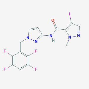molecular formula C15H10F4IN5O B456375 4-iodo-1-methyl-N-[1-(2,3,5,6-tetrafluorobenzyl)-1H-pyrazol-3-yl]-1H-pyrazole-5-carboxamide 