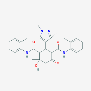 molecular formula C28H32N4O4 B456384 2-(1,3-dimethyl-1H-pyrazol-4-yl)-4-hydroxy-4-methyl-N,N'-bis(2-methylphenyl)-6-oxocyclohexane-1,3-dicarboxamide 