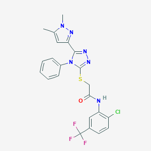molecular formula C22H18ClF3N6OS B456386 N-[2-chloro-5-(trifluoromethyl)phenyl]-2-{[5-(1,5-dimethyl-1H-pyrazol-3-yl)-4-phenyl-4H-1,2,4-triazol-3-yl]sulfanyl}acetamide 