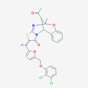 molecular formula C27H20Cl2N2O5S B456417 (13E)-16-acetyl-13-[[5-[(2,3-dichlorophenoxy)methyl]furan-2-yl]methylidene]-9-methyl-8-oxa-12-thia-10,15-diazatetracyclo[7.6.1.02,7.011,15]hexadeca-2,4,6,10-tetraen-14-one 