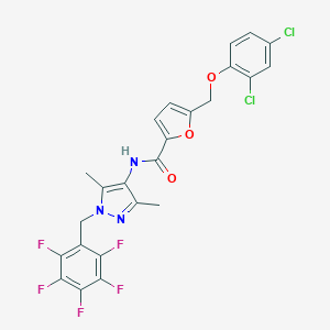 molecular formula C24H16Cl2F5N3O3 B456419 5-[(2,4-dichlorophenoxy)methyl]-N-[3,5-dimethyl-1-[(2,3,4,5,6-pentafluorophenyl)methyl]-4-pyrazolyl]-2-furancarboxamide 