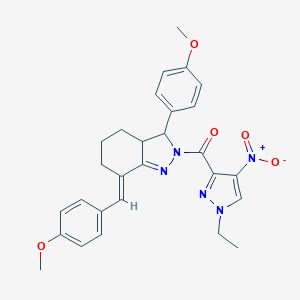 molecular formula C28H29N5O5 B456421 (1-ethyl-4-nitro-1H-pyrazol-3-yl)[(7E)-7-(4-methoxybenzylidene)-3-(4-methoxyphenyl)-3,3a,4,5,6,7-hexahydro-2H-indazol-2-yl]methanone 
