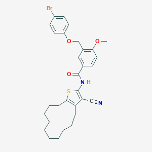 molecular formula C30H33BrN2O3S B456422 3-[(4-bromophenoxy)methyl]-N-(3-cyano-4,5,6,7,8,9,10,11,12,13-decahydrocyclododeca[b]thiophen-2-yl)-4-methoxybenzamide 