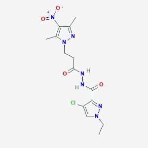 4-chloro-1-ethyl-N'-(3-{4-nitro-3,5-dimethyl-1H-pyrazol-1-yl}propanoyl)-1H-pyrazole-3-carbohydrazide