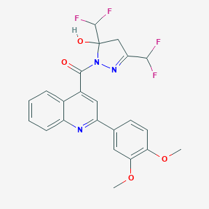 molecular formula C23H19F4N3O4 B456443 3,5-bis(difluoromethyl)-1-{[2-(3,4-dimethoxyphenyl)-4-quinolinyl]carbonyl}-4,5-dihydro-1H-pyrazol-5-ol 