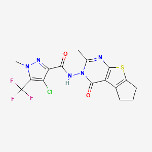 molecular formula C16H13ClF3N5O2S B4564539 4-CHLORO-1-METHYL-N-[2-METHYL-4-OXO-6,7-DIHYDRO-4H-CYCLOPENTA[4,5]THIENO[2,3-D]PYRIMIDIN-3(5H)-YL]-5-(TRIFLUOROMETHYL)-1H-PYRAZOLE-3-CARBOXAMIDE 