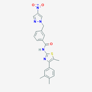 molecular formula C23H21N5O3S B456467 N-[4-(3,4-dimethylphenyl)-5-methyl-1,3-thiazol-2-yl]-3-({4-nitro-1H-pyrazol-1-yl}methyl)benzamide 