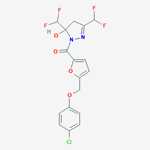 molecular formula C17H13ClF4N2O4 B456475 1-{5-[(4-chlorophenoxy)methyl]-2-furoyl}-3,5-bis(difluoromethyl)-4,5-dihydro-1H-pyrazol-5-ol 